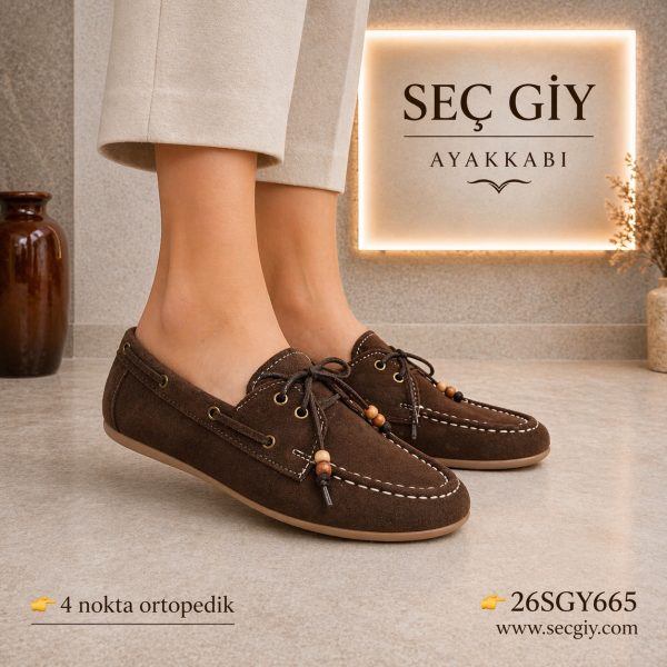 Kahverengi Bağcıklı Ortopedik Kadın Ayakkabı 4 Nokta Taban Rahat Günlük Model