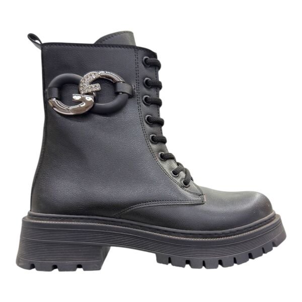 Siyah Taşlı Zincir Detaylı Kadın Bağcıklı Postal Bot Kalın Taban