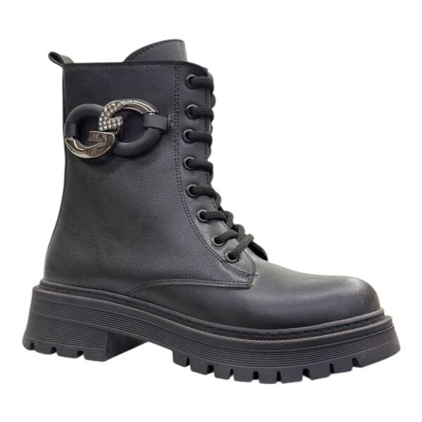 Siyah Taşlı Zincir Detaylı Kadın Bağcıklı Postal Bot Kalın Taban