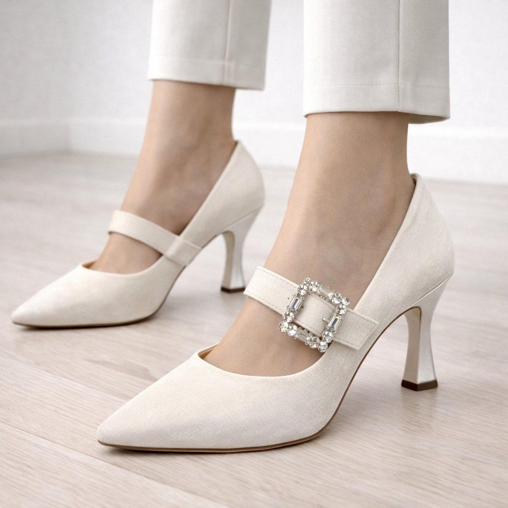 Krem Taş Detaylı Topuklu Ayakkabı