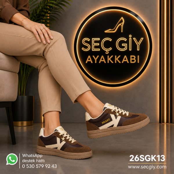 Acı Kahve Krem Detaylı Kadın Spor Ayakkabı – Yıldız Aksesuarlı Günlük Sneaker