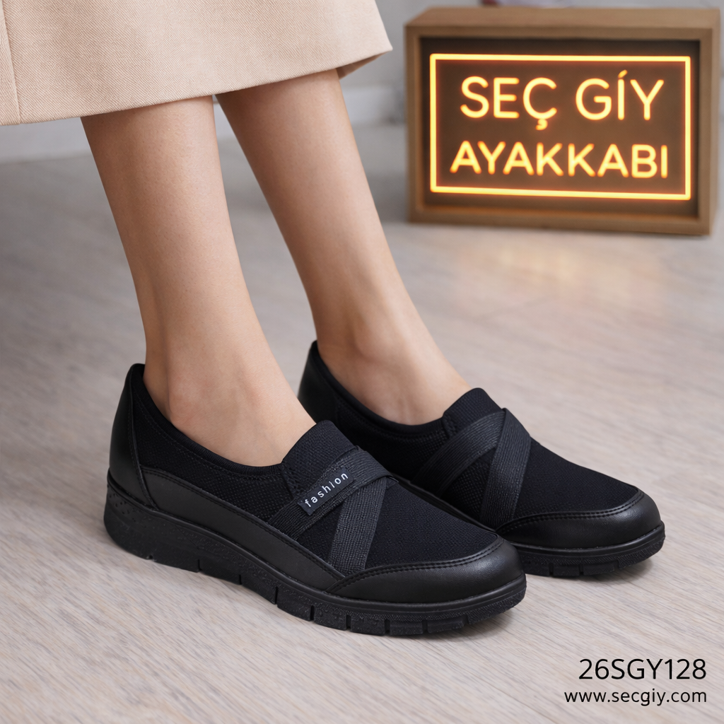Çapraz Lastikli Siyah Bayan Günlük Ayakkabı – Rahat Model
