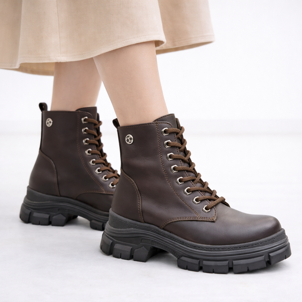 Kahverengi Kadın Bağcıklı Postal Bot Kalın Taban Yuvarlak Burun