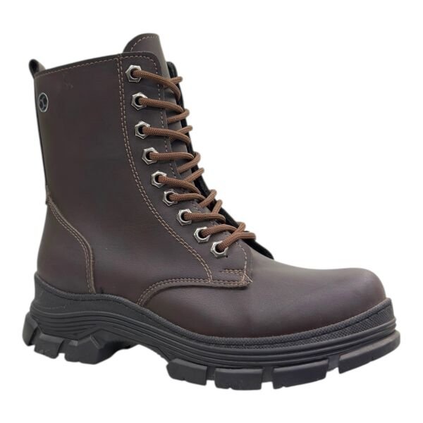 Kahverengi Kadın Bağcıklı Postal Bot Kalın Taban Yuvarlak Burun