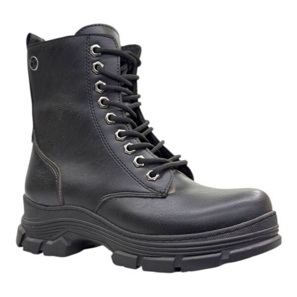 Siyah Kadın Bağcıklı Postal Bot Kalın Dişli Taban Yuvarlak Burun