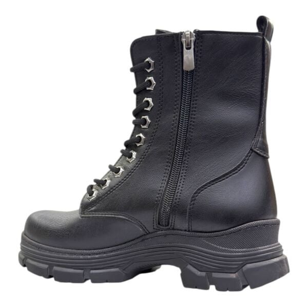 Siyah Kadın Bağcıklı Postal Bot Kalın Dişli Taban Yuvarlak Burun