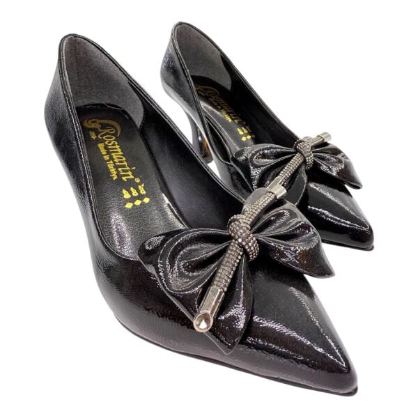 Siyah Rugan Fiyonklu Topuklu Ayakkabı