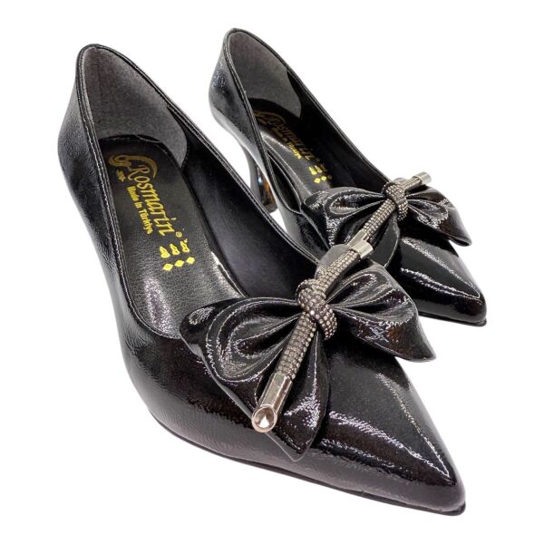 Siyah Rugan Fiyonklu Topuklu Ayakkabı