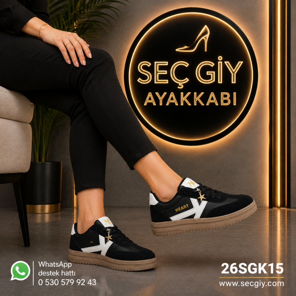 Siyah Beyaz Yıldız Aksesuarlı Kadın Spor Ayakkabı – Günlük Sneake