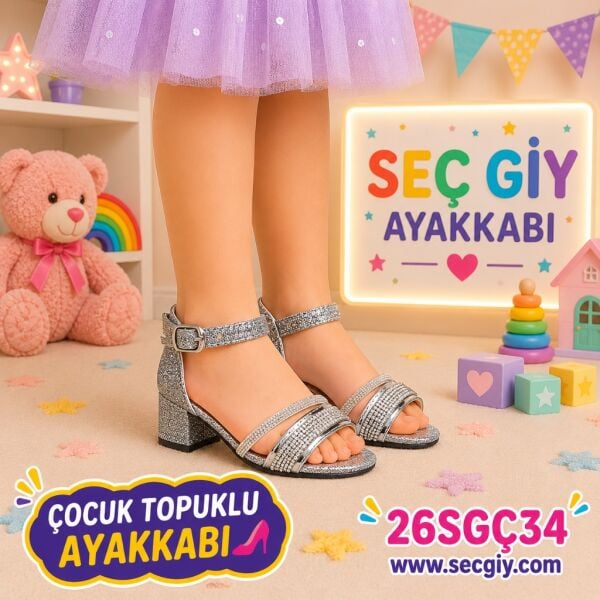 Kız Çocuk Gümüş Simli Taş Detaylı Abiye Topuklu Ayakkabı