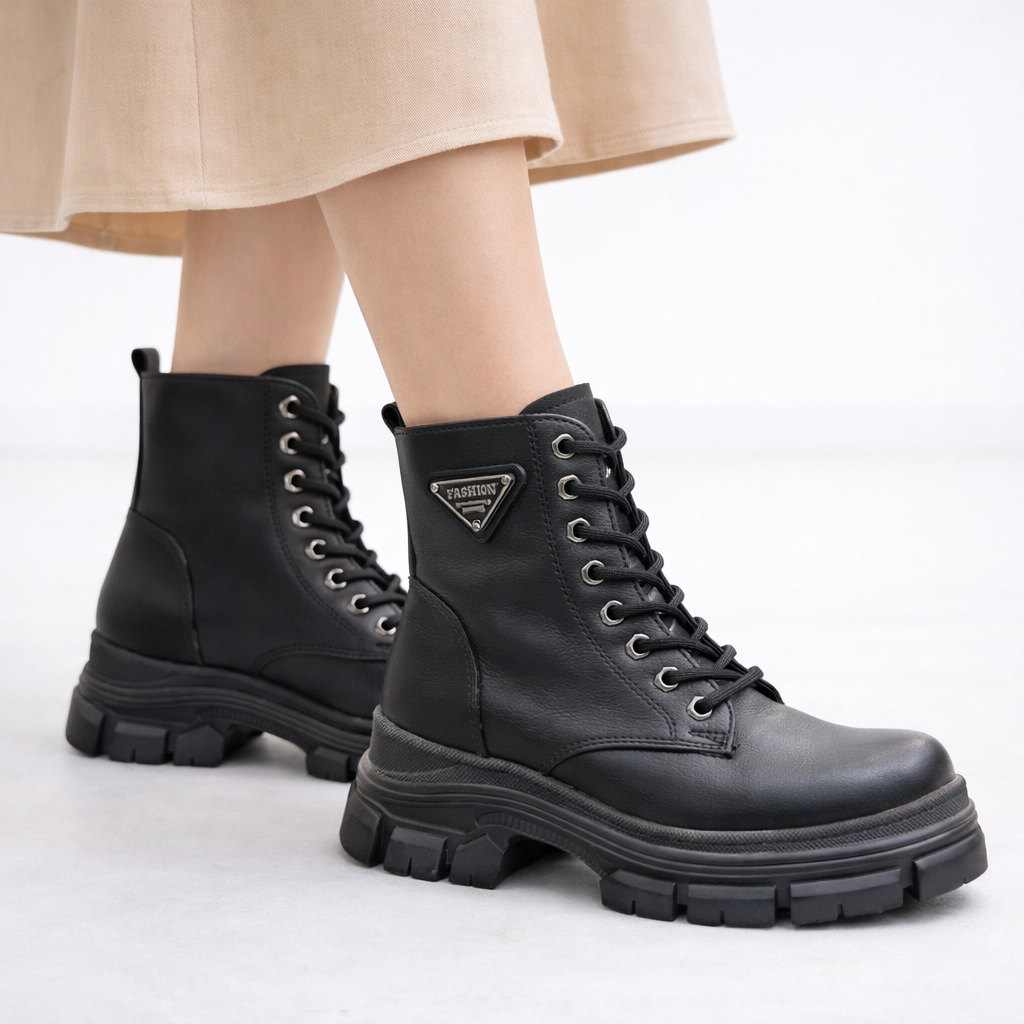 Siyah Kadın Bağcıklı Postal Bot Kalın Dişli Taban Metal Detaylı