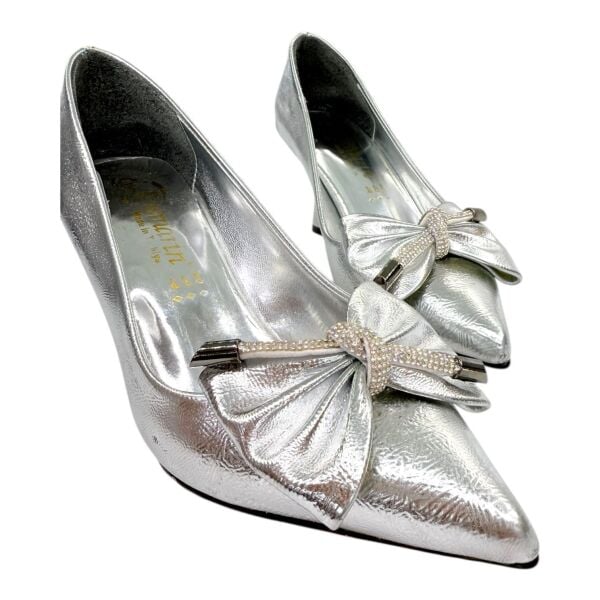 Gümüş  Rugan Fiyonklu Topuklu Ayakkabı