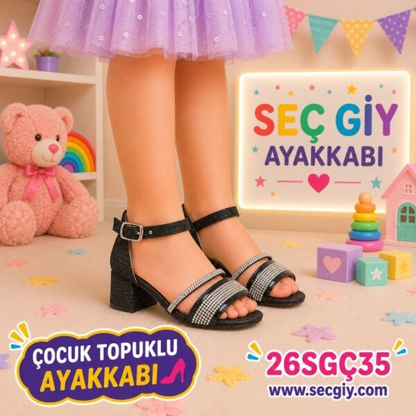 Kız Çocuk Siyah Simli Taş Detaylı Abiye Topuklu Ayakkabı