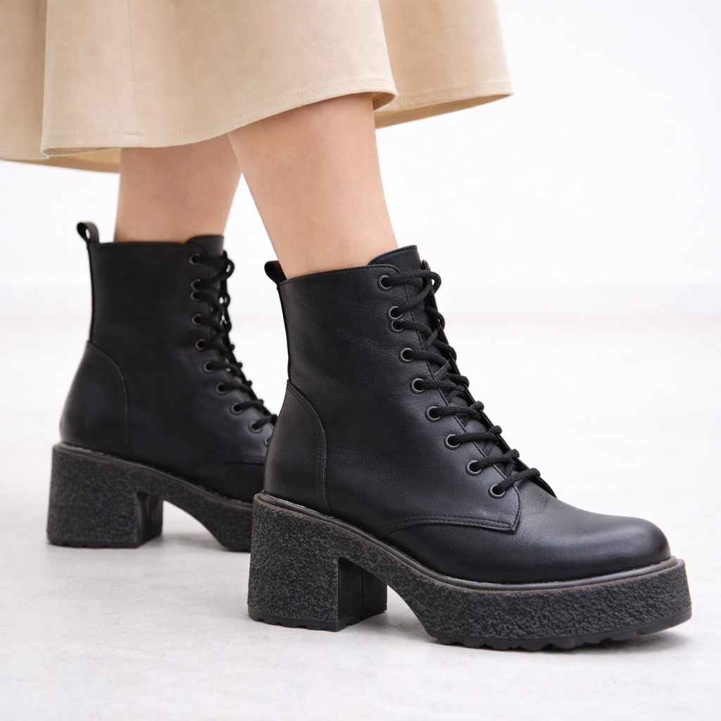 Siyah Kadın Bağcıklı Yüksek Topuklu Bot Kalın Dokulu Platform Taban