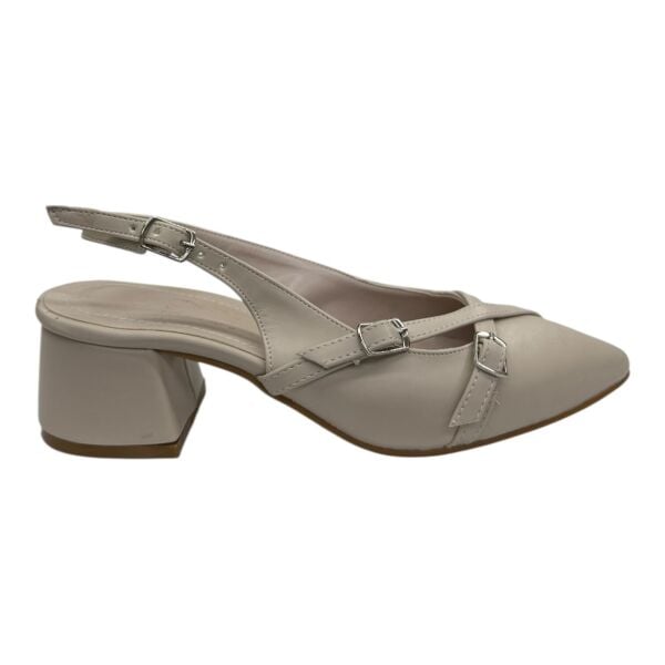 Bej Tokalı İnce Bantlı Orta Kalın Topuklu Ayakkabı