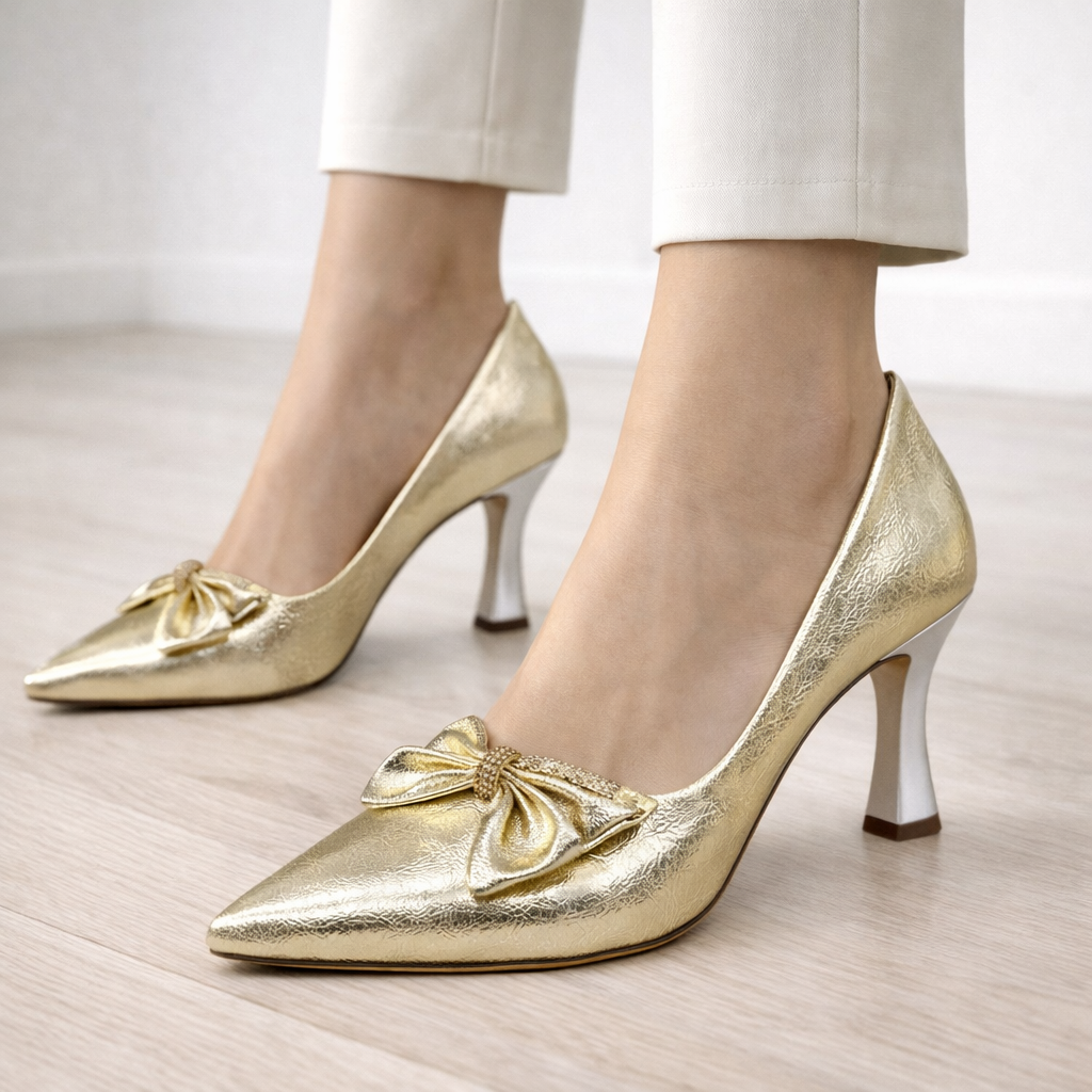 Gold Rugan Fiyonklu Topuklu Ayakkabı(Kopya)