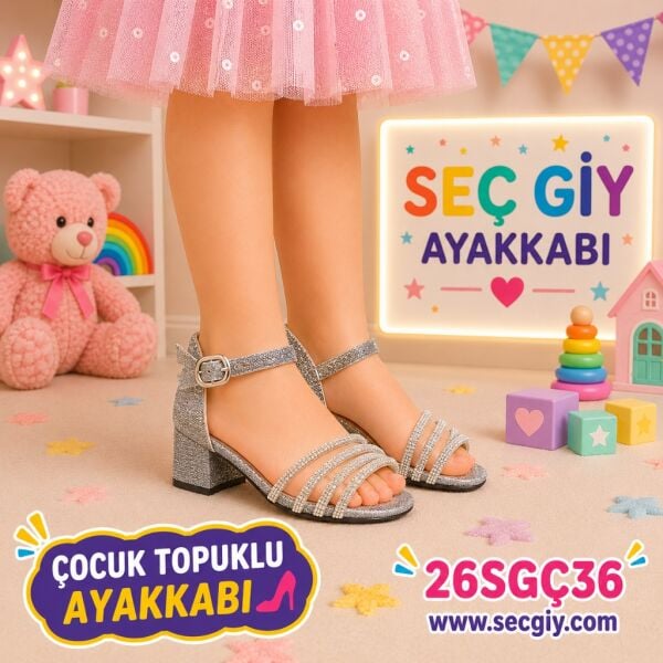 Kız Çocuk Gümüş Simli Çok Şeritli Abiye Topuklu Ayakkabı