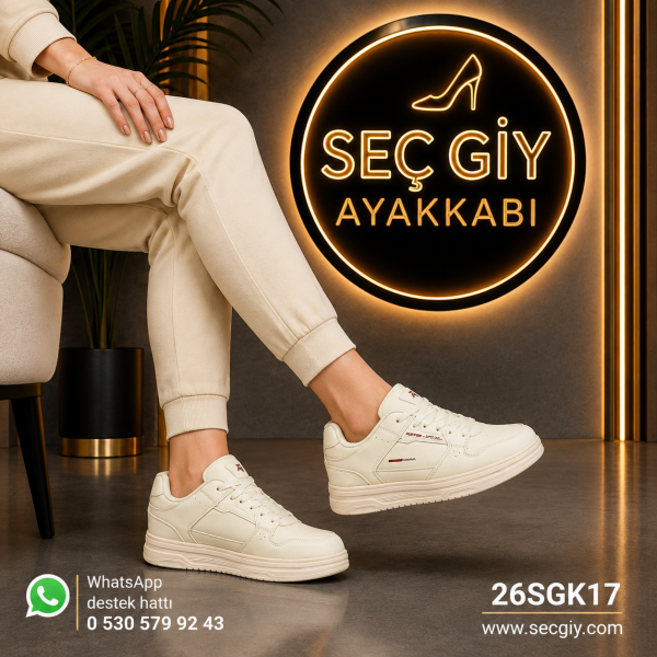 Ekru Kadın Spor Ayakkabı – Günlük Rahat Bağcıklı Sneaker
