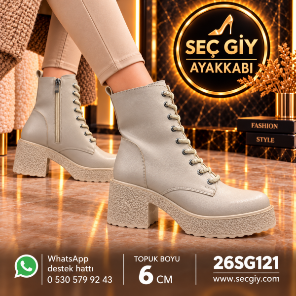 Bej Kadın Bağcıklı Yüksek Topuklu Bot Kalın Dokulu Platform Taban