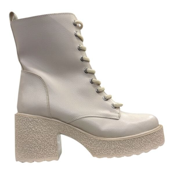 Bej Kadın Bağcıklı Yüksek Topuklu Bot Kalın Dokulu Platform Taban