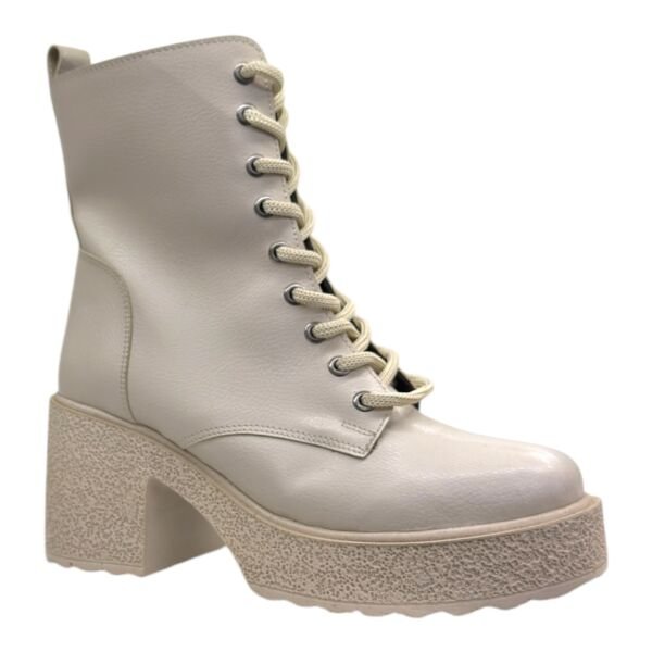 Bej Kadın Bağcıklı Yüksek Topuklu Bot Kalın Dokulu Platform Taban