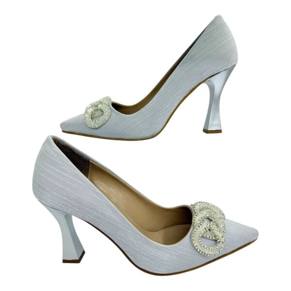 Taş Tokalı Saten  Gümüş Topuklu Ayakkabı