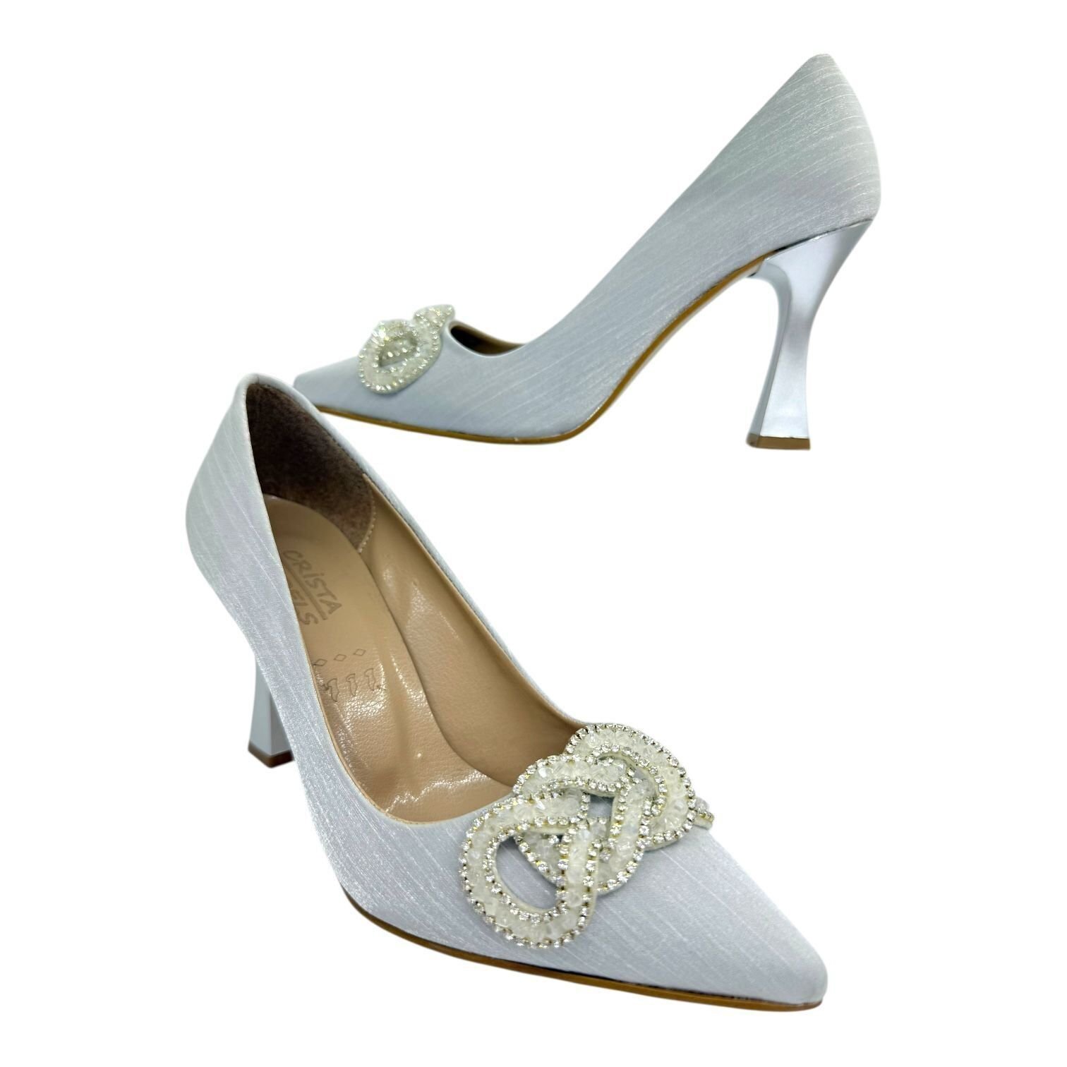 Taş Tokalı Saten  Gümüş Topuklu Ayakkabı