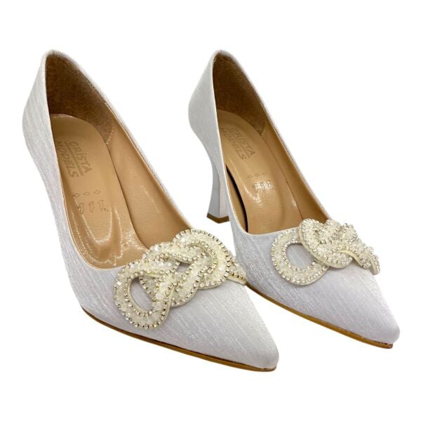 Taş Tokalı Saten  Gümüş Topuklu Ayakkabı