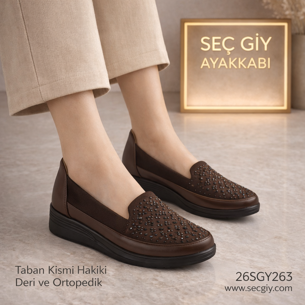 Kahverengi Taş Detaylı Ortopedik Kadın Günlük Ayakkabı – Hakiki Deri Taban