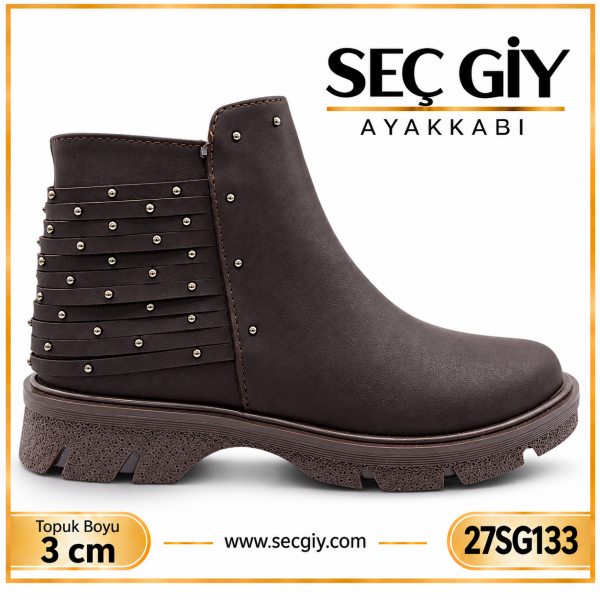 Kadın Acı Kahve Taş Detaylı Kalın Taban Bot 3 cm