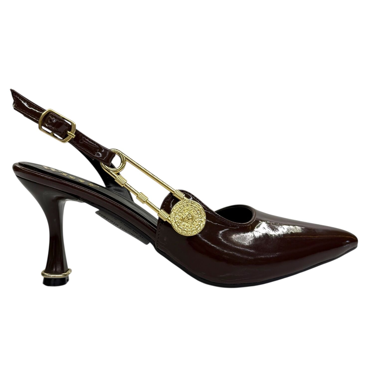 Altın Aksesuarlı Acı Kahve Rugan Topuklu Ayakkabı