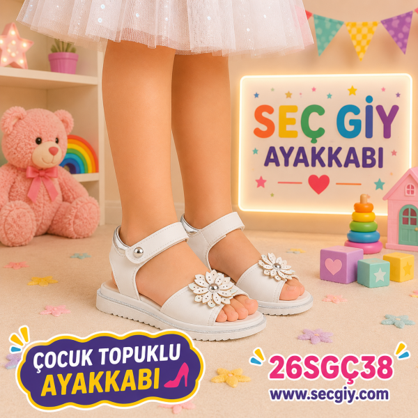 Kız Çocuk Beyaz Çiçek Detaylı Sandalet