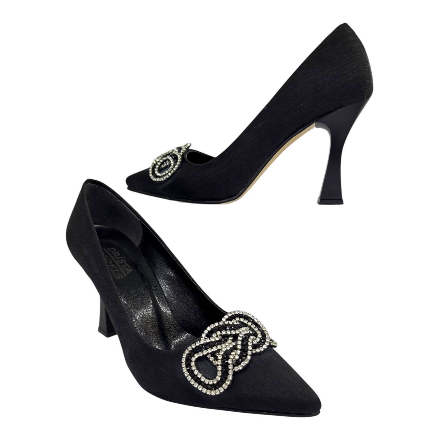 Taş Tokalı Saten  Siyah Topuklu Ayakkabı