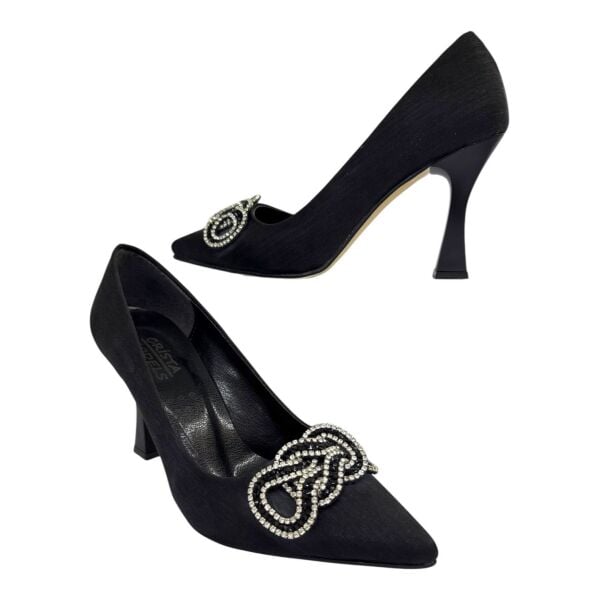 Taş Tokalı Saten  Siyah Topuklu Ayakkabı
