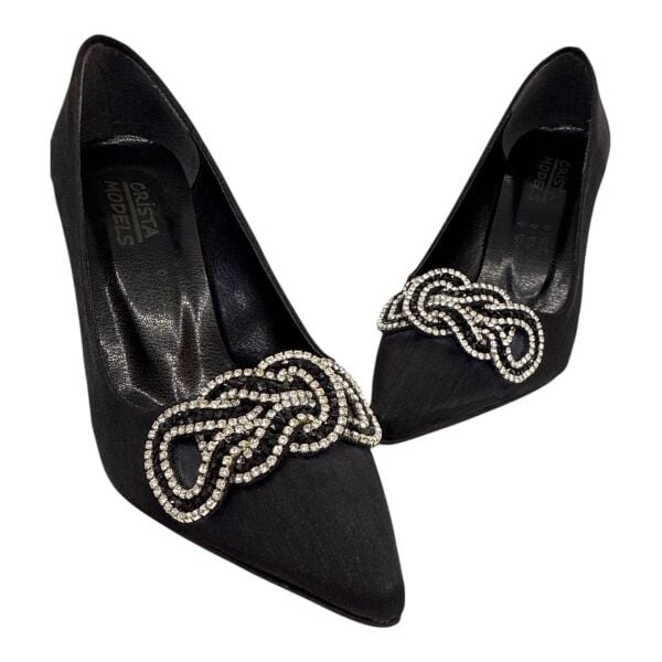 Taş Tokalı Saten  Siyah Topuklu Ayakkabı