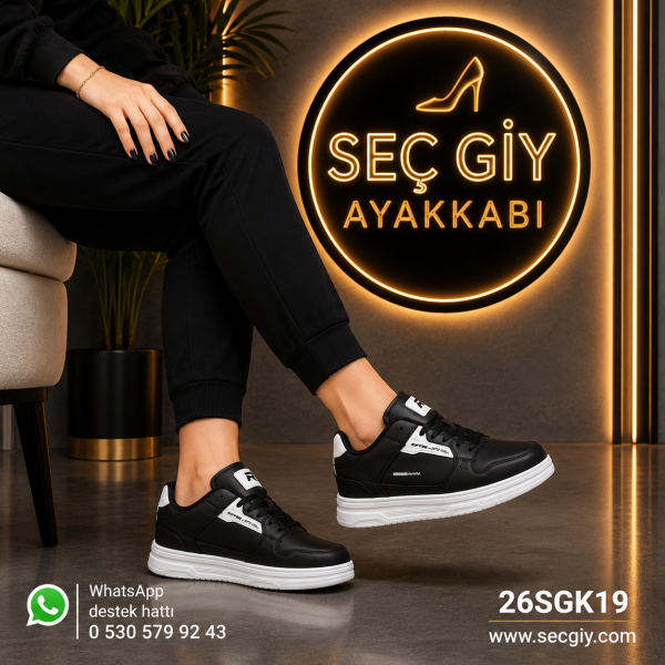 Siyah Beyaz Kadın Spor Ayakkabı – Günlük Rahat Kalın Taban Sneaker