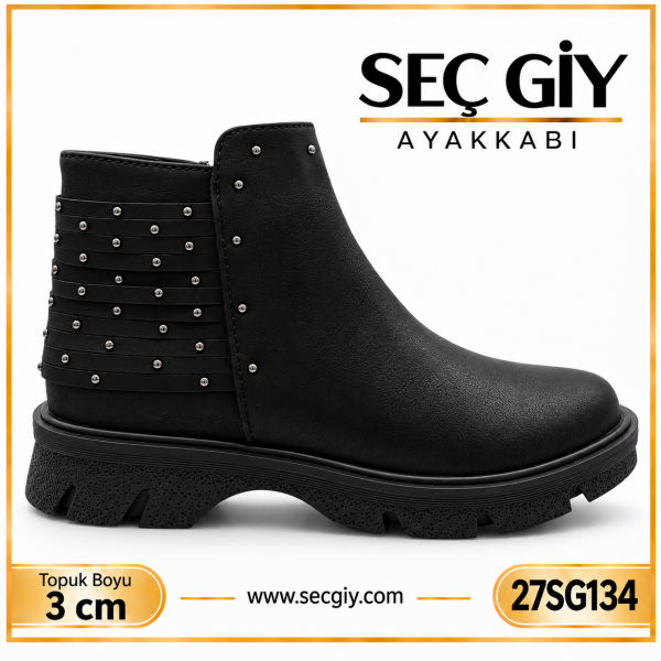 Kadın Siyah Taş Detaylı Kalın Taban Bot 3 cm
