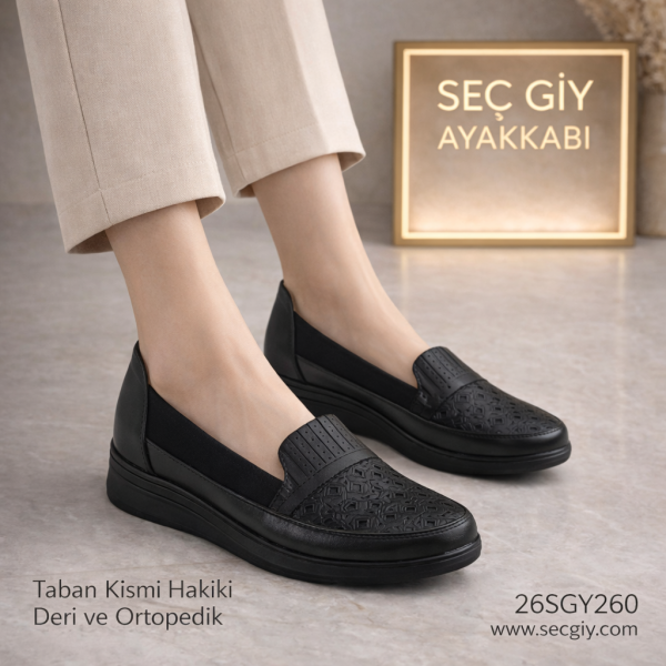 Siyah Desenli Ortopedik Kadın Günlük Ayakkabı – Hakiki Deri Taban Konfor