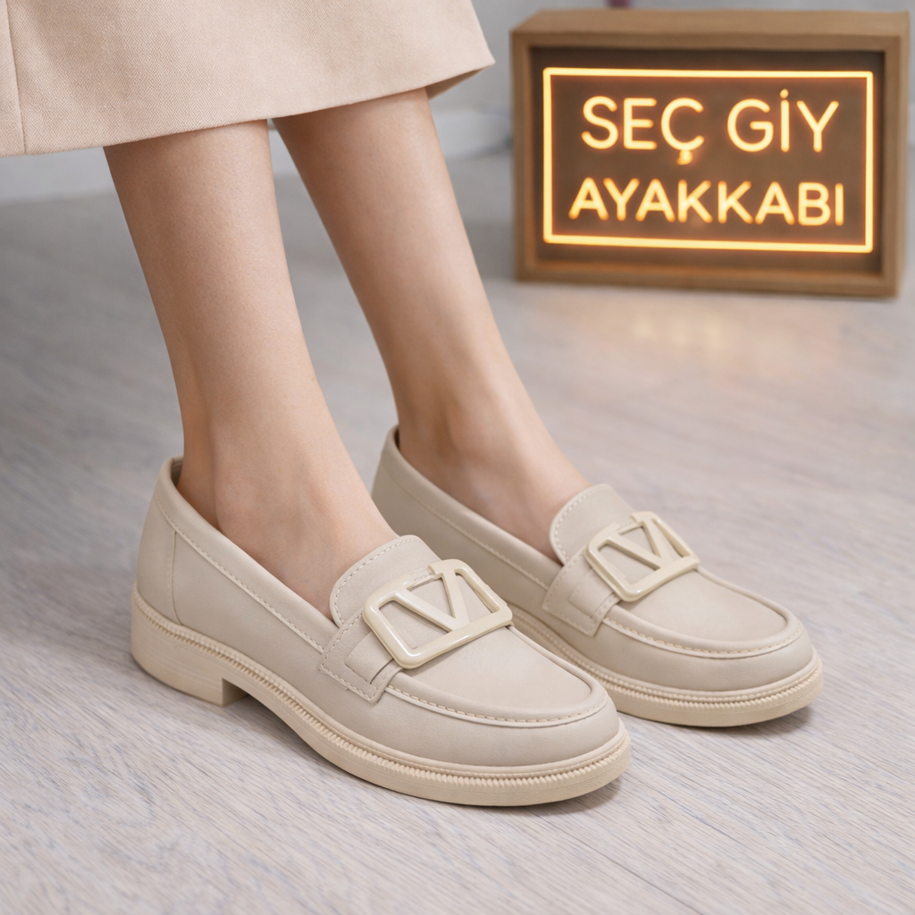 V Tokalı Bej Bayan Loafer Ayakkabı – Günlük ve Ofis