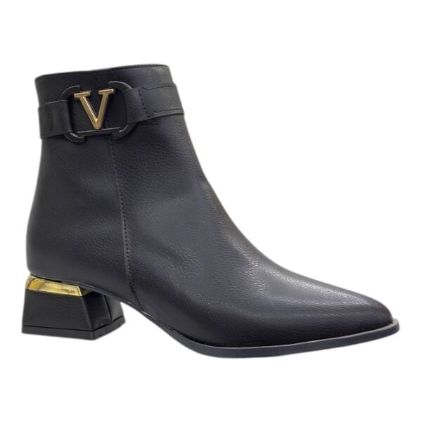 Siyah Kadın V Tokalı Metal Detaylı Kısa Topuklu Bilek Bot