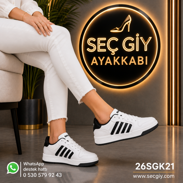 Beyaz Siyah Şerit Detaylı Kadın Spor Ayakkabı – Günlük Sneaker 26SGK21