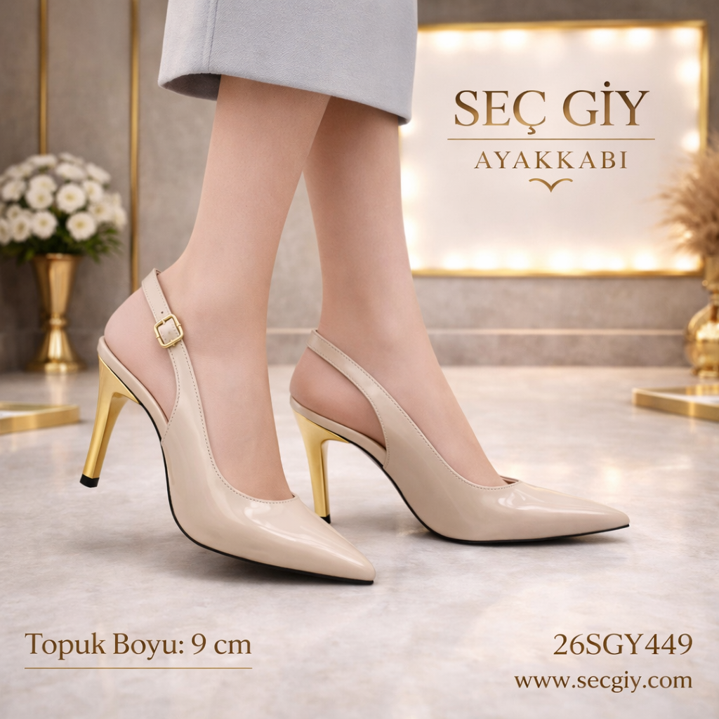 Bej Rugan Sivri Burun Kadın Topuklu Ayakkabı – Gold Topuklu 9 cm Stiletto