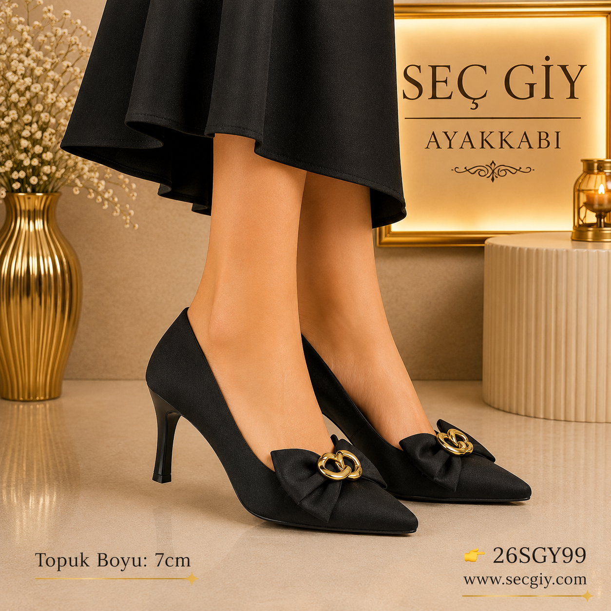 Fiyonklu Siyah Bayan Topuklu Ayakkabı – 7 cm İnce Topuk