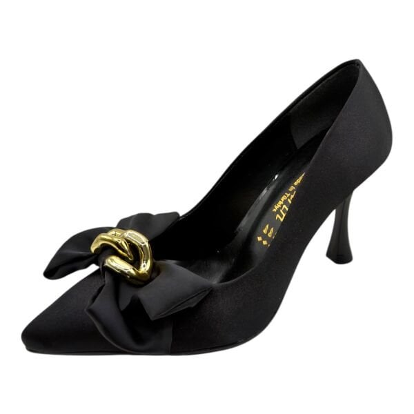 Fiyonklu Siyah Bayan Topuklu Ayakkabı – 7 cm İnce Topuk