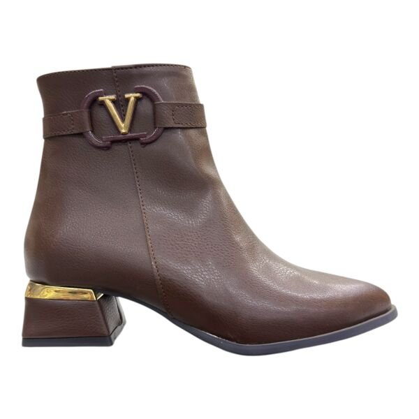 Kahverengi Kadın V Tokalı Metal Detaylı Kısa Topuklu Bilek Bot