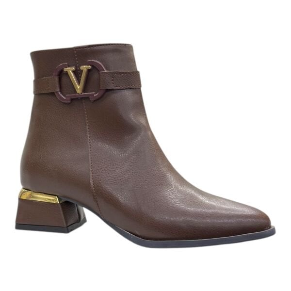 Kahverengi Kadın V Tokalı Metal Detaylı Kısa Topuklu Bilek Bot