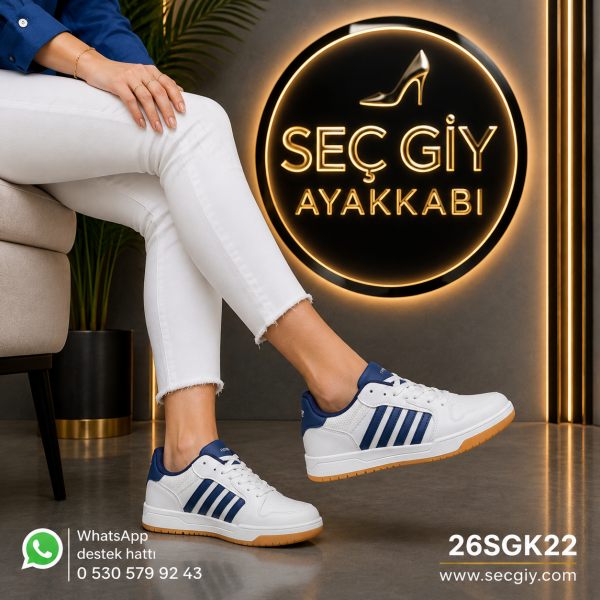 Beyaz Lacivert Şerit Detaylı Kadın Spor Ayakkabı – Günlük Sneaker