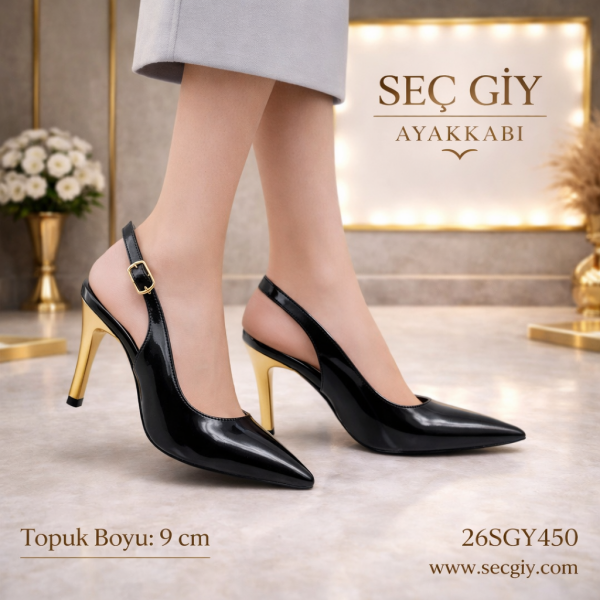 Siyah Rugan Sivri Burun Kadın Topuklu Ayakkabı – Gold Topuklu 9 cm Stiletto