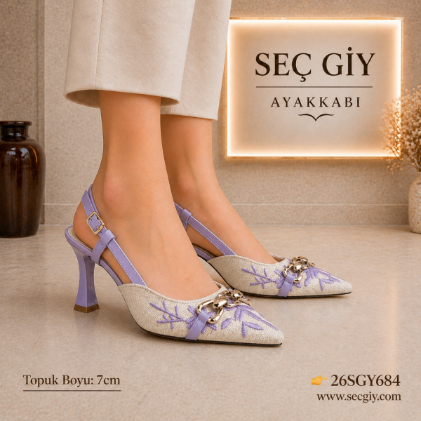 Lila Nakış Detaylı Sivri Burun Kadın Topuklu Ayakkabı 7 cm İnce Topuk Şık Slingback Model