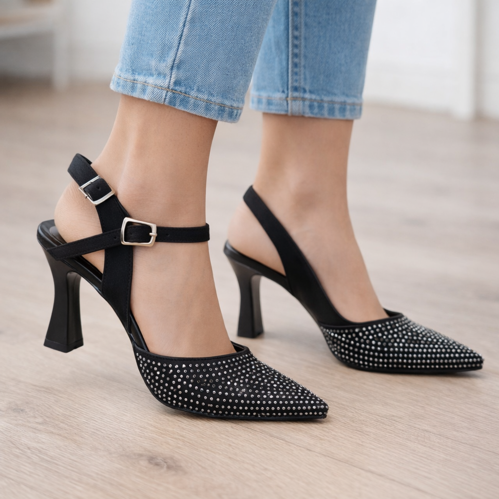 Işıltılı Taş İşlemeli Topuklu – Siyah